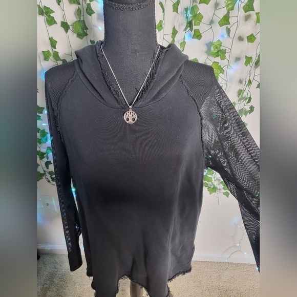 Elie Tahari Sport Mesh Sleeve Raw Hem Black Cotton French Terry Pullover Hoodie - Picture 7 of 11